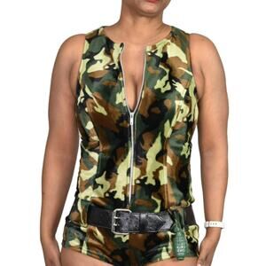 Lip Service Romper Green Vintage One Piece Furry Plush Bodysuit Camo Size Small